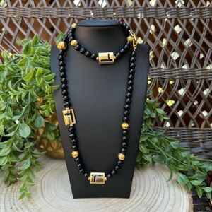 Napier Signed Black and Gold Beaded Long Necklace